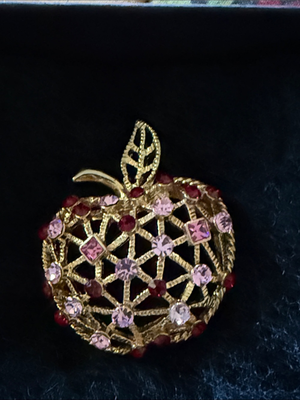 Gold-tone Apple Brooch with Pink and Red Rhinestones